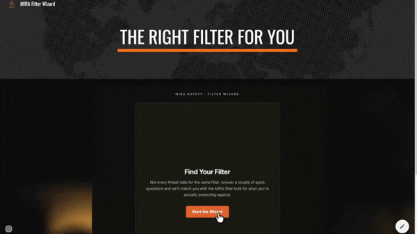 Interactive quiz built with Claude that helps MIRA Safety customers choose the right gas mask filter